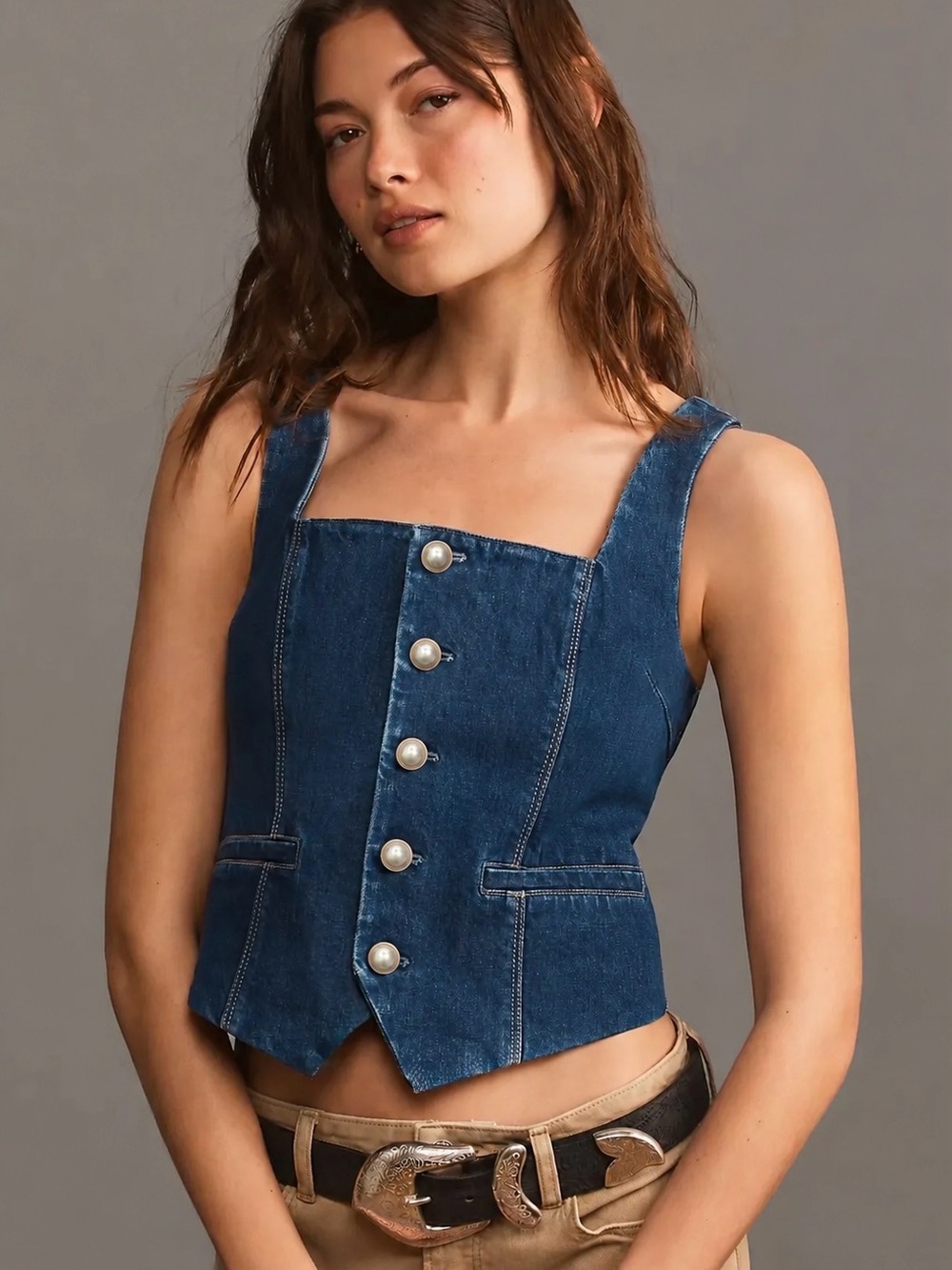 PAIGE Denim Pearl-Button Cropped Tank in Blue